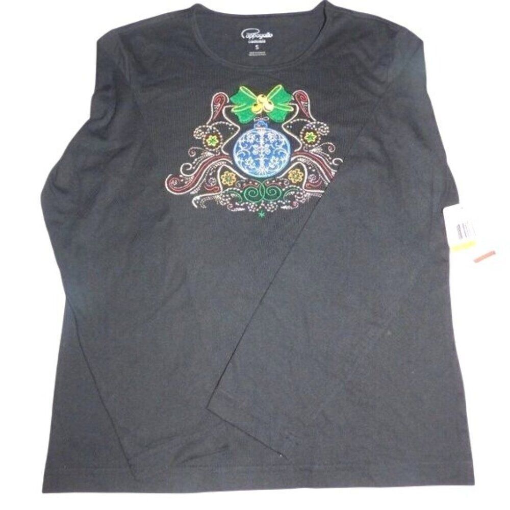 Cappagallo Casuals Women’s Embroidered Holiday Ornament Graphic   T-Shirt , S
